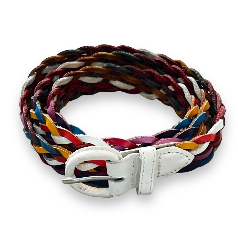 Vintage 90s Braided Leather Belt Rainbow Multicolor Jewel Tones & White Size XXL